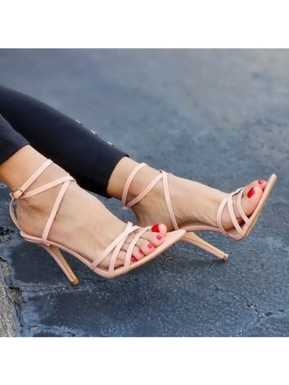 Nude Strappy Open Pointed Toe High Heels for Women Ankle Strap Adjustable Buckle